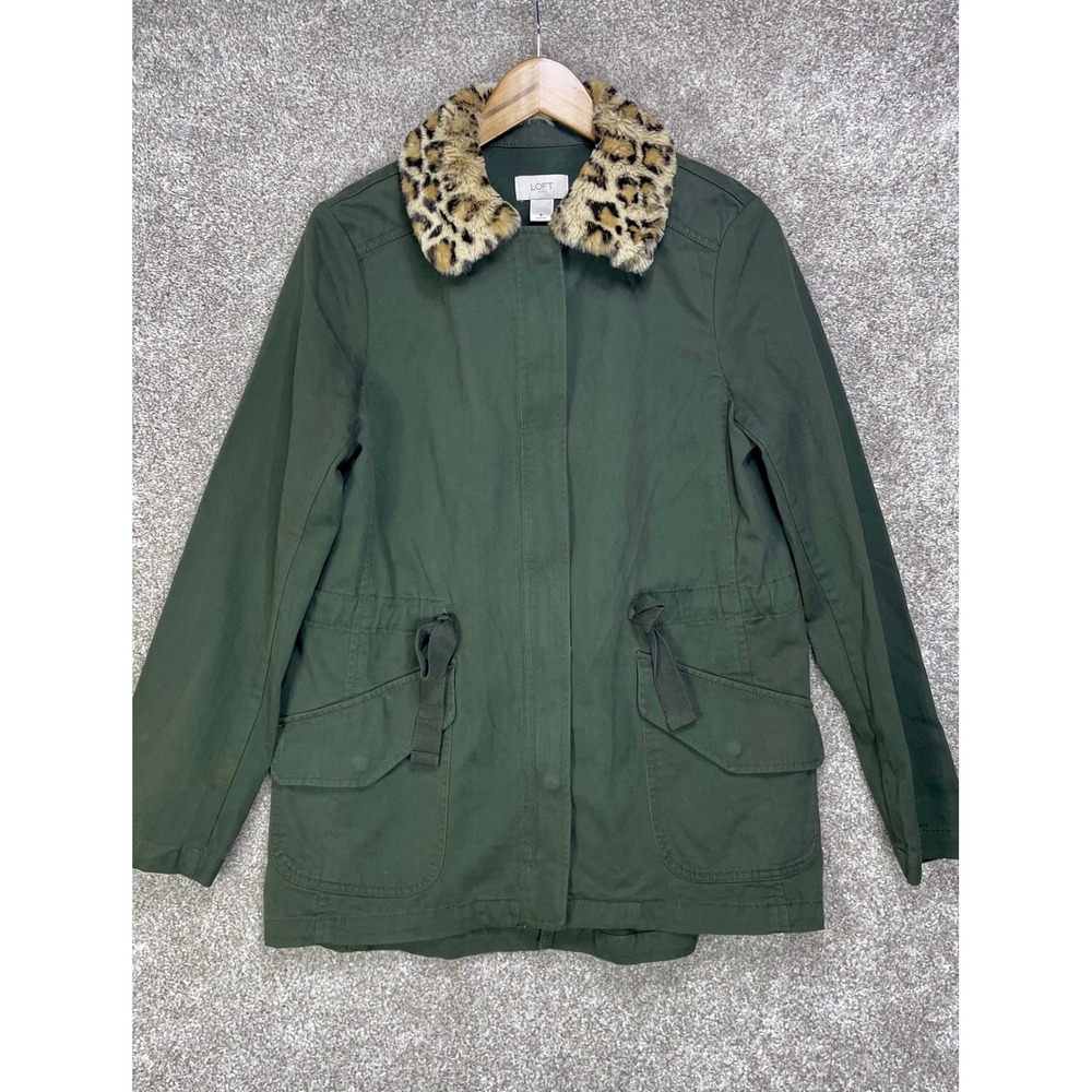 LOFT Faux Fur Leopard Collar Utility Jacket Womens Small Green Cotton Field Coat